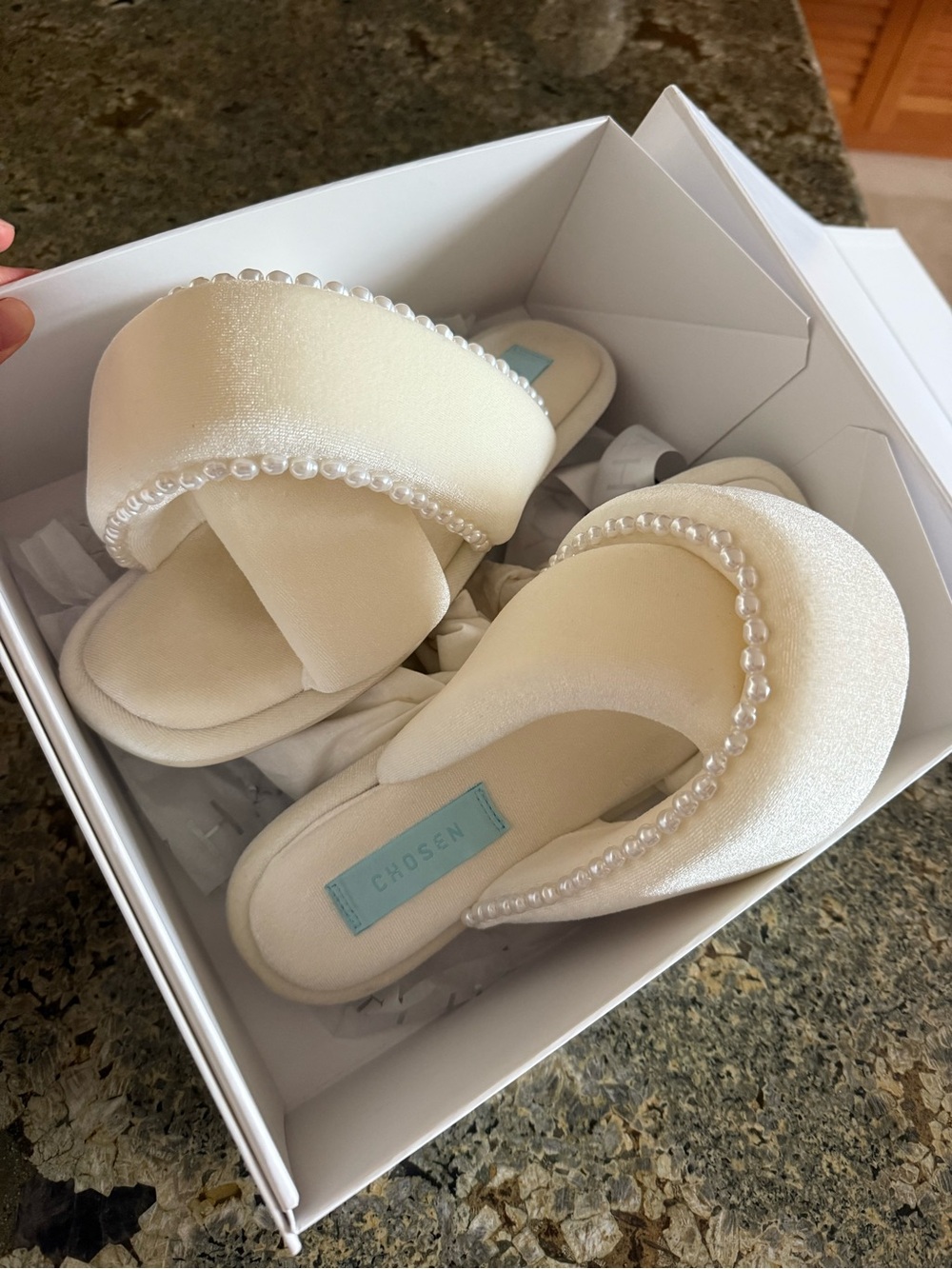 CHOSEN Ivory Pearl-Trim Satin Slide Mules